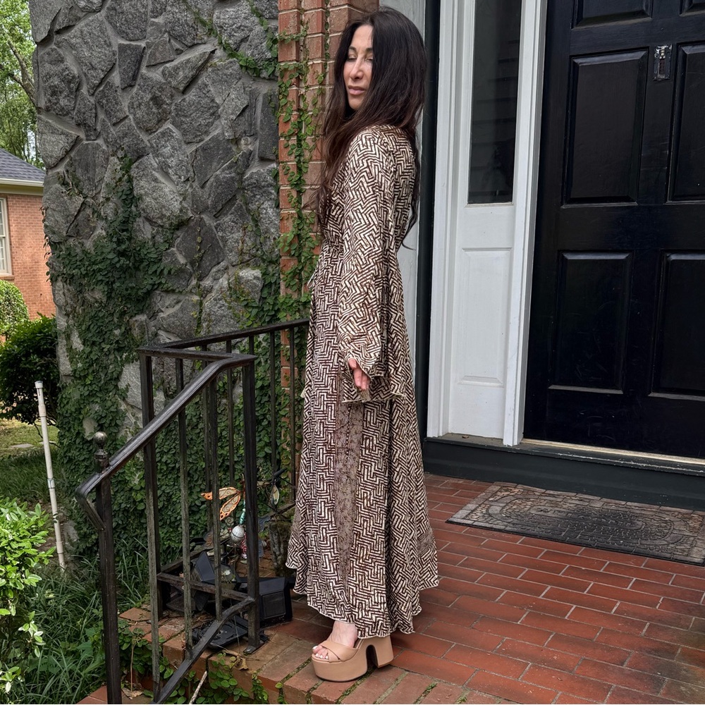 SILK BLEND BOHO Geometric Patterned Brown Maxi Dress - Picture 7 of 8